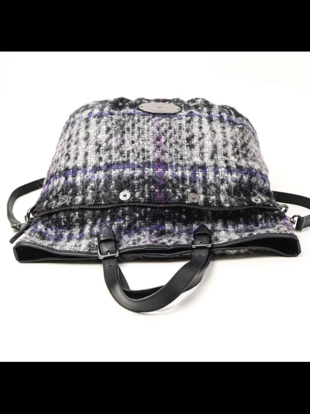 Mulberry Gray & Purple Plaid Wool Tote with Black Leather Trim